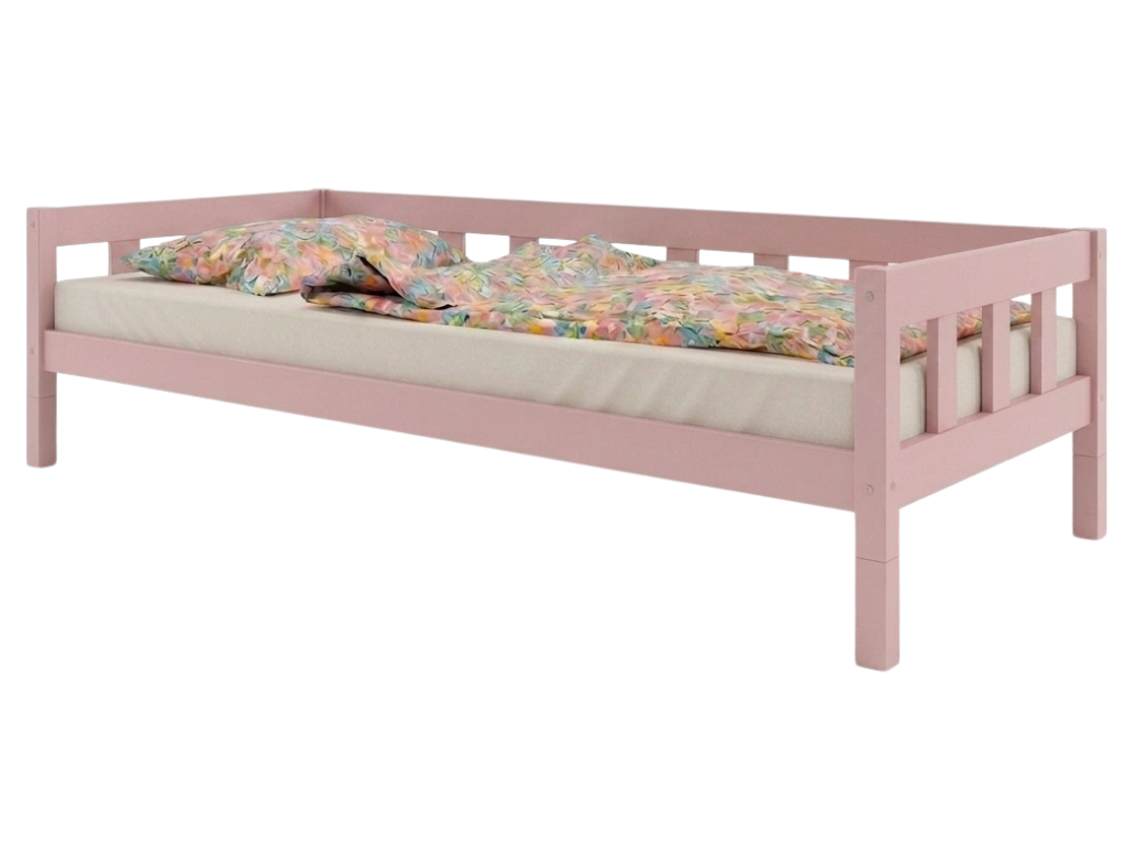 Benlemi Vysoká jednolůžková postel PLOTTY se zábranou 120x200 cm + matrace WAVE Zvolte barvu: Pastelově růžová, Zvolte zábranu: S otevřeným vstupem