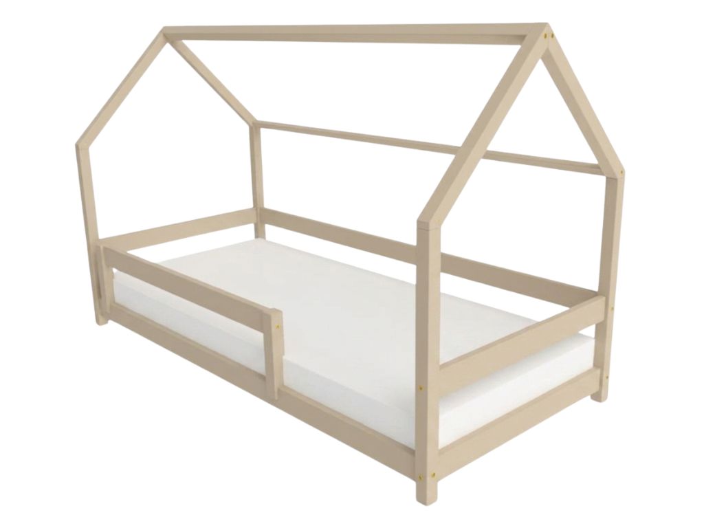 Levně Benlemi Dětská postel domeček LUCKY s bočním štítem Zvolte barvu: Béžová, Zvolte rozměr: 120x180 cm, Zvolte zábranu: S přední zábranou