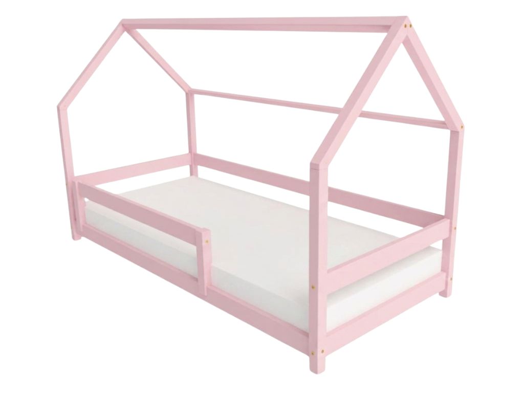 Levně Benlemi Dětská postel domeček LUCKY s bočním štítem Zvolte barvu: Pastelově růžová, Zvolte rozměr: 120x180 cm, Zvolte zábranu: S přední zábranou