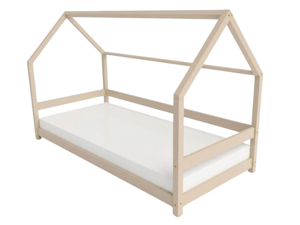 Levně Benlemi Dětská postel domeček LUCKY s bočním štítem Zvolte barvu: Béžová, Zvolte rozměr: 120x180 cm, Zvolte zábranu: S otevřeným vstupem