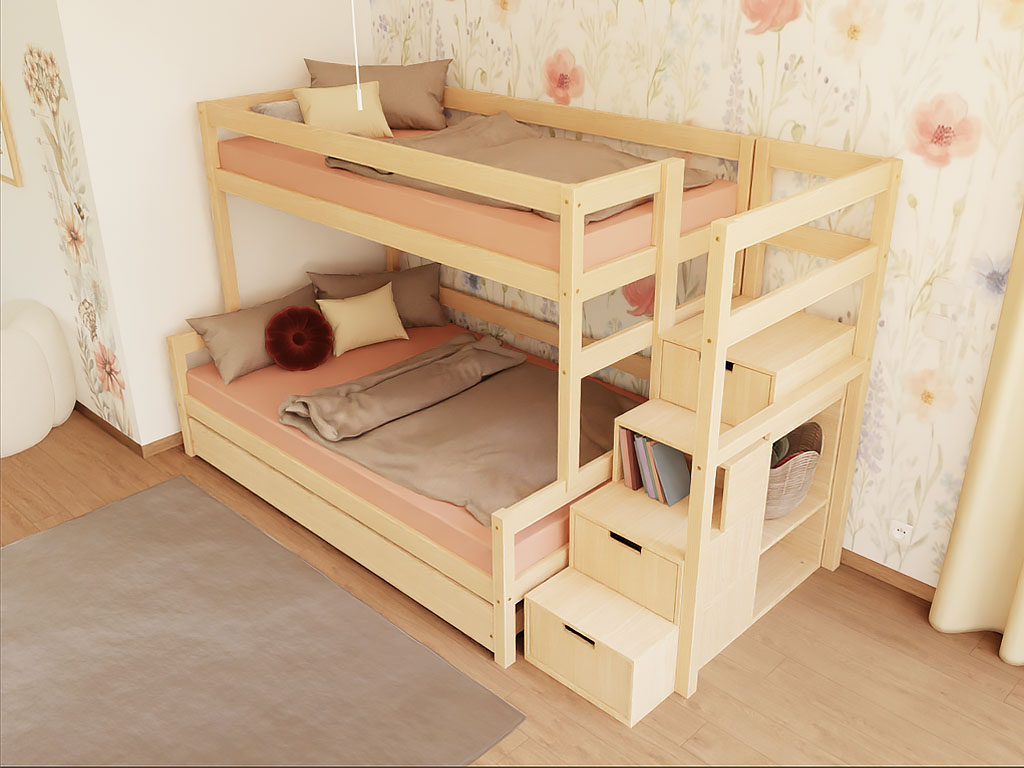 Benlemi Patrová postel LUCKY s úložnými schody 90x200, 120x200 cm Zvolte barvu: Nelakovaná, Zvolte šuplík: Bez šuplíku, Zvolte stranu: Vpravo (obrázek 7)