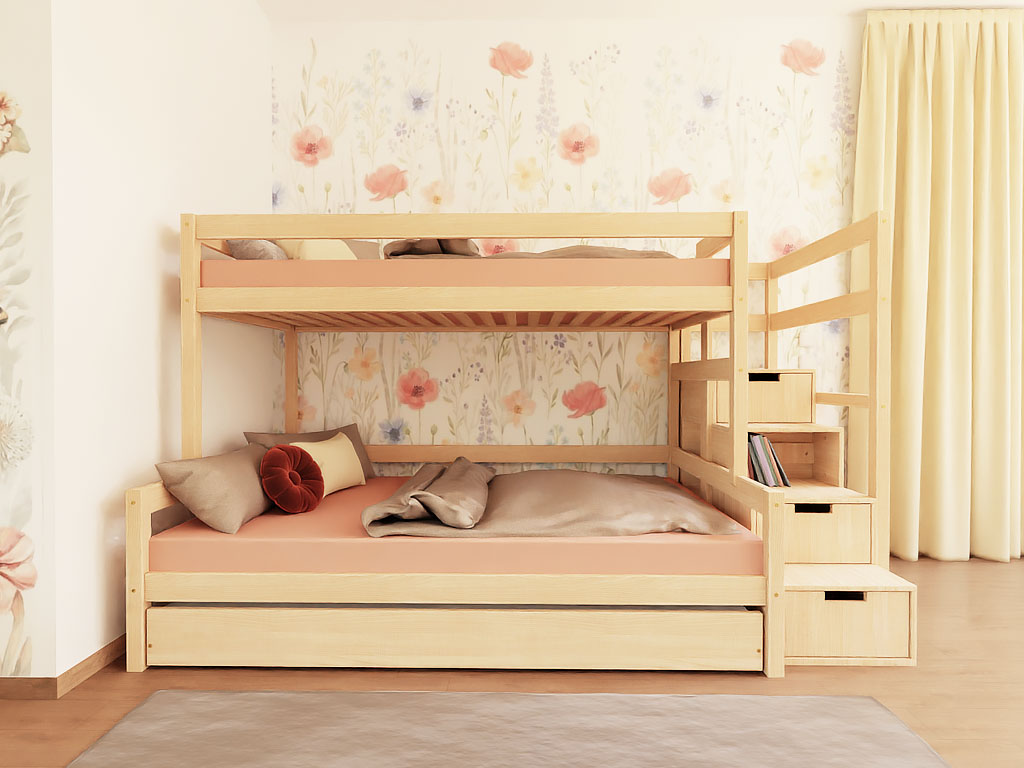 Benlemi Patrová postel LUCKY s úložnými schody 90x200, 120x200 cm Zvolte barvu: Nelakovaná, Zvolte šuplík: Bez šuplíku, Zvolte stranu: Vpravo (obrázek 3)