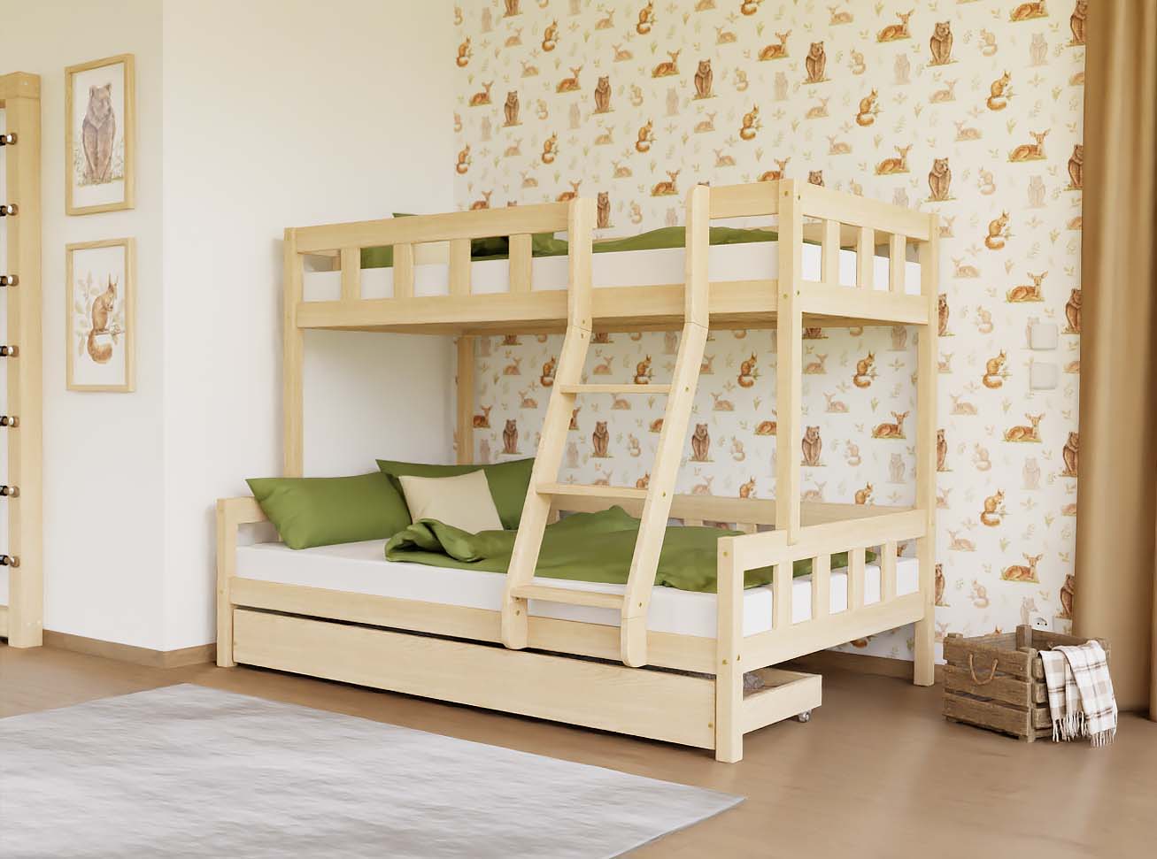 Levně Benlemi Patrová postel PLOTTY s předním žebříkem 90x200, 120x200 cm Zvolte barvu: Béžová, Zvolte šuplík: Úložný šuplík, Zvolte stranu: Vlevo