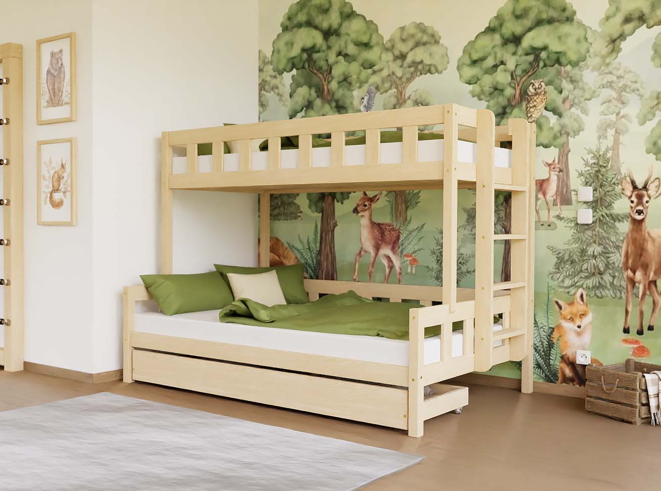 Benlemi Patrová postel PLOTTY s bočním žebříkem 90x200, 120x200 cm Zvolte barvu: Transparentní vosková lazura matná, Zvolte šuplík: Úložný šuplík, Zv…