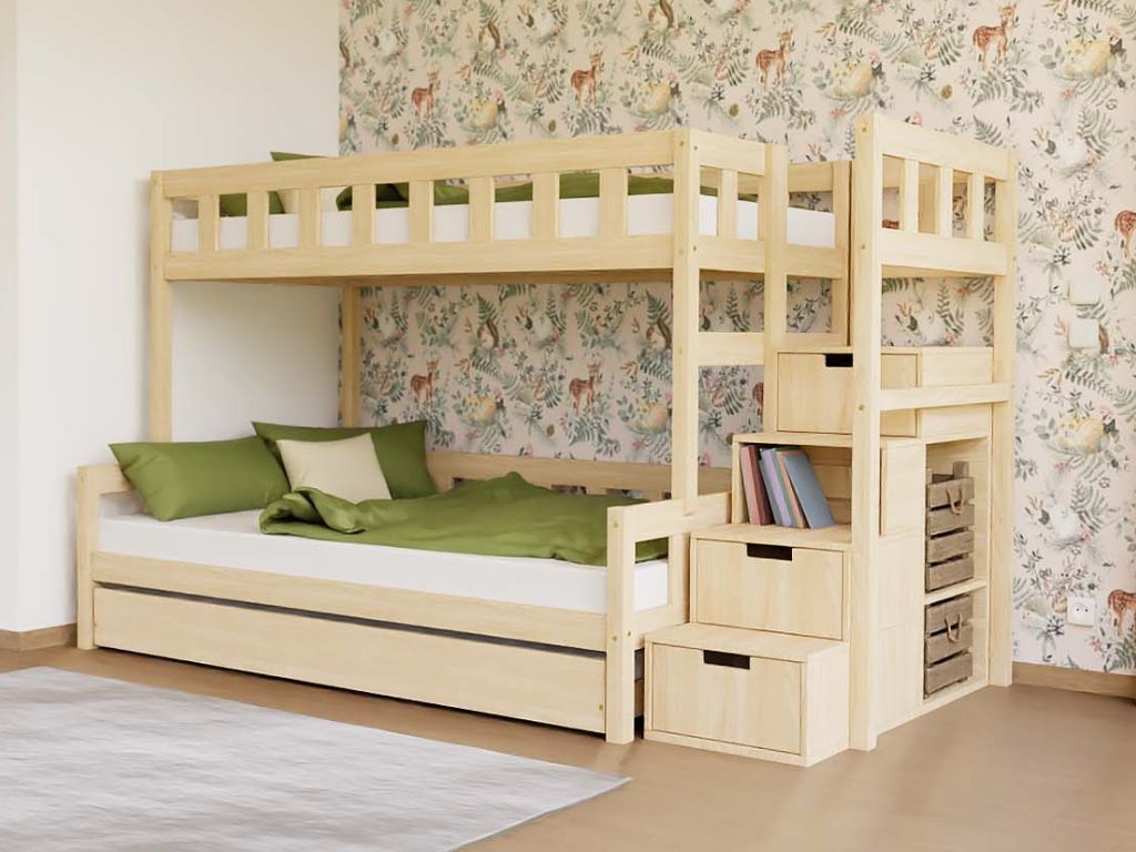 Benlemi Patrová postel PLOTTY s úložnými schody 90x200, 120x200 cm Zvolte barvu: Transparentní vosková lazura matná, Zvolte šuplík: Úložný šuplík, Zv…