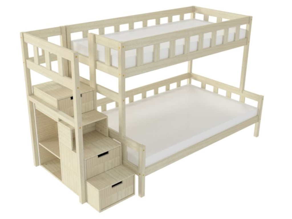 Benlemi Patrová postel PLOTTY s úložnými schody 90x200, 120x200 cm Zvolte barvu: Nelakovaná, Zvolte šuplík: Bez šuplíku, Zvolte stranu: Vlevo