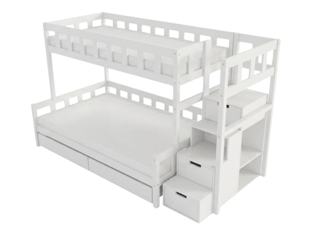 Benlemi Patrová postel PLOTTY s úložnými schody 90x200, 120x200 cm Zvolte barvu: Bílá, Zvolte šuplík: Dvojitý úložný šuplík, Zvolte stranu: Vpravo