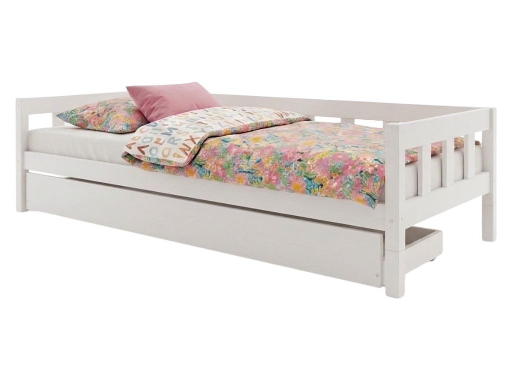 Benlemi Jednolůžková postel PLOTTY se zábranou a šuplíkem Zvolte barvu: Bílá, Zvolte rozměr: 120x190 cm, Zvolte zábranu: S otevřeným vstupem