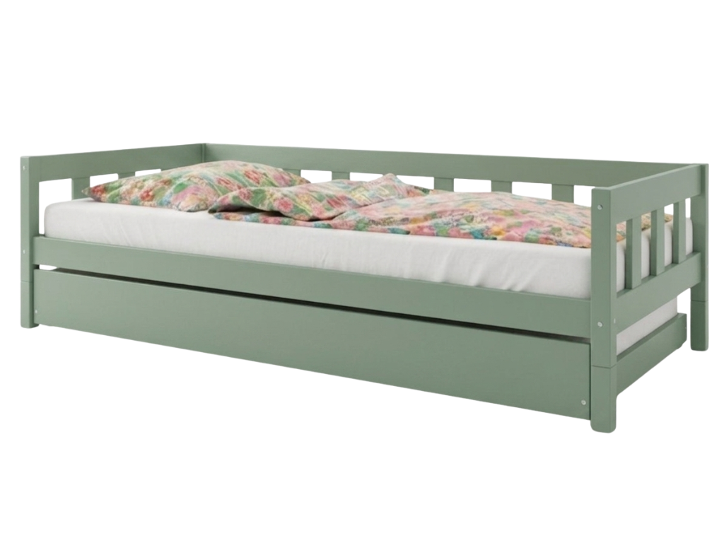 Benlemi Jednolůžková postel PLOTTY se zábranou a přistýlkou Zvolte barvu: Šalvějová zelená, Zvolte rozměr: 90x190 cm, Zvolte zábranu: S otevřeným vst…