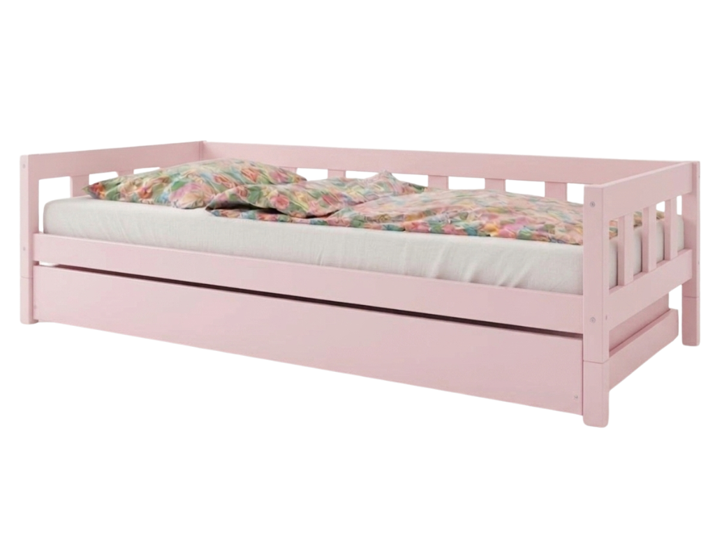 Benlemi Jednolůžková postel PLOTTY se zábranou a přistýlkou Zvolte barvu: Pastelově růžová, Zvolte rozměr: 90x180 cm, Zvolte zábranu: S otevřeným vst…