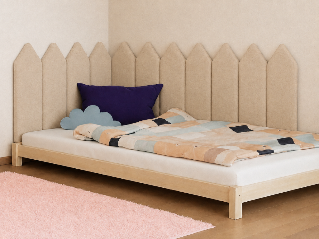 Čalouněný panel na zeď ve tvaru plotku PLYŠ Zvolte barvu: Smetanová, Zvolte rozměr: 20x100 cm, Uchycení na zeď: Bez uchycení (možnost použití lepidla)