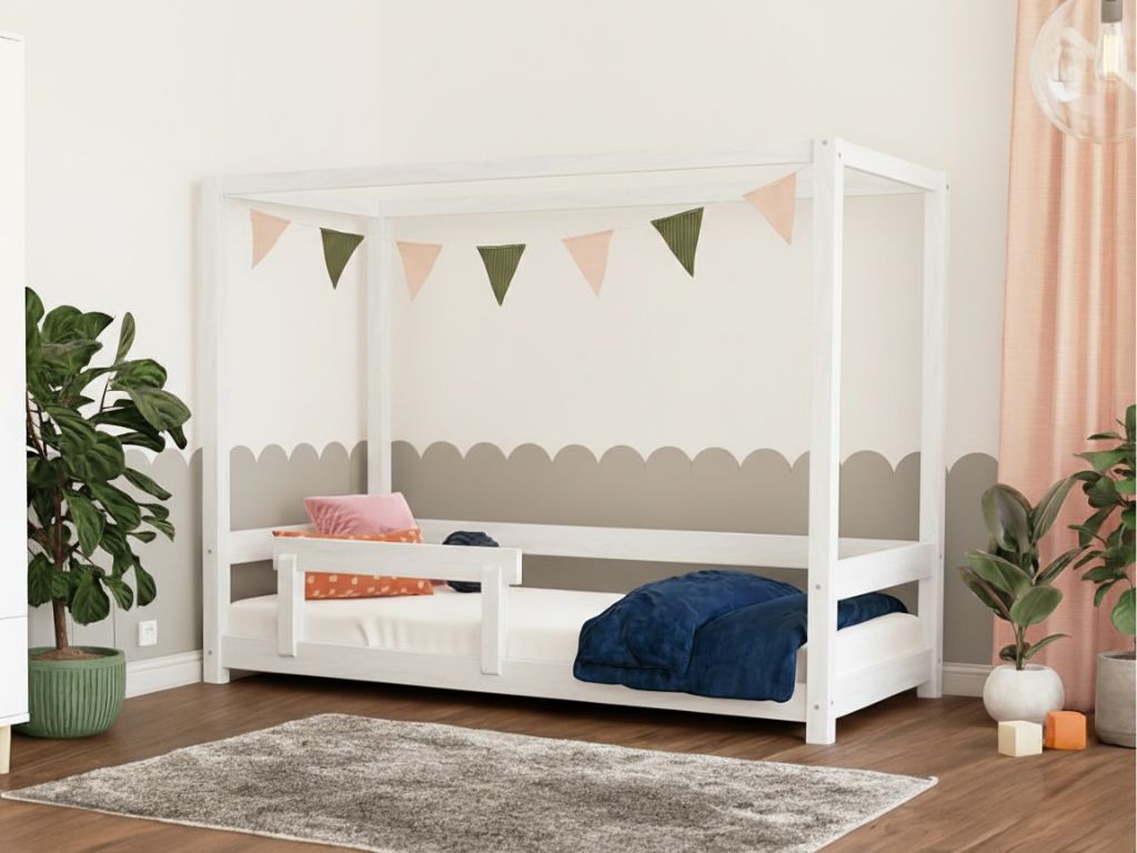 Levně Benlemi Dětská postel s nebesy a bočnicí BUNKY Zvolte barvu: Bílá, Zvolte rozměr: 80x160 cm